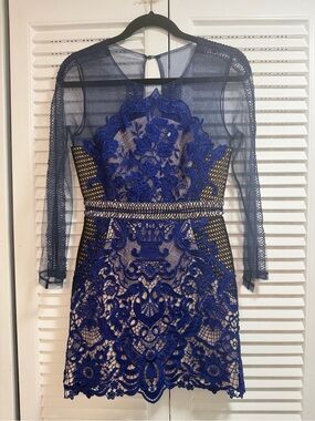 Snidel Cobalt Blue Lace Long-Sleeve Sheer Panel Mini Dress